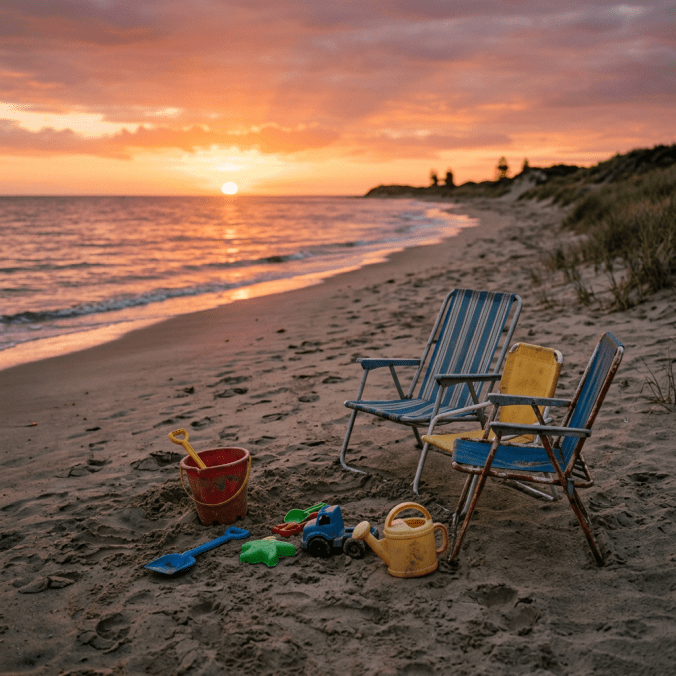 Empty striped and colorful chairs on a sandy beach with children's sand toys at sunset